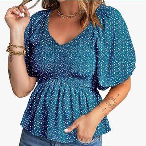 Acelitt Women's Puff Short Sleeve Peplum Top V Neck Smocked Blouses Dressy Shirt